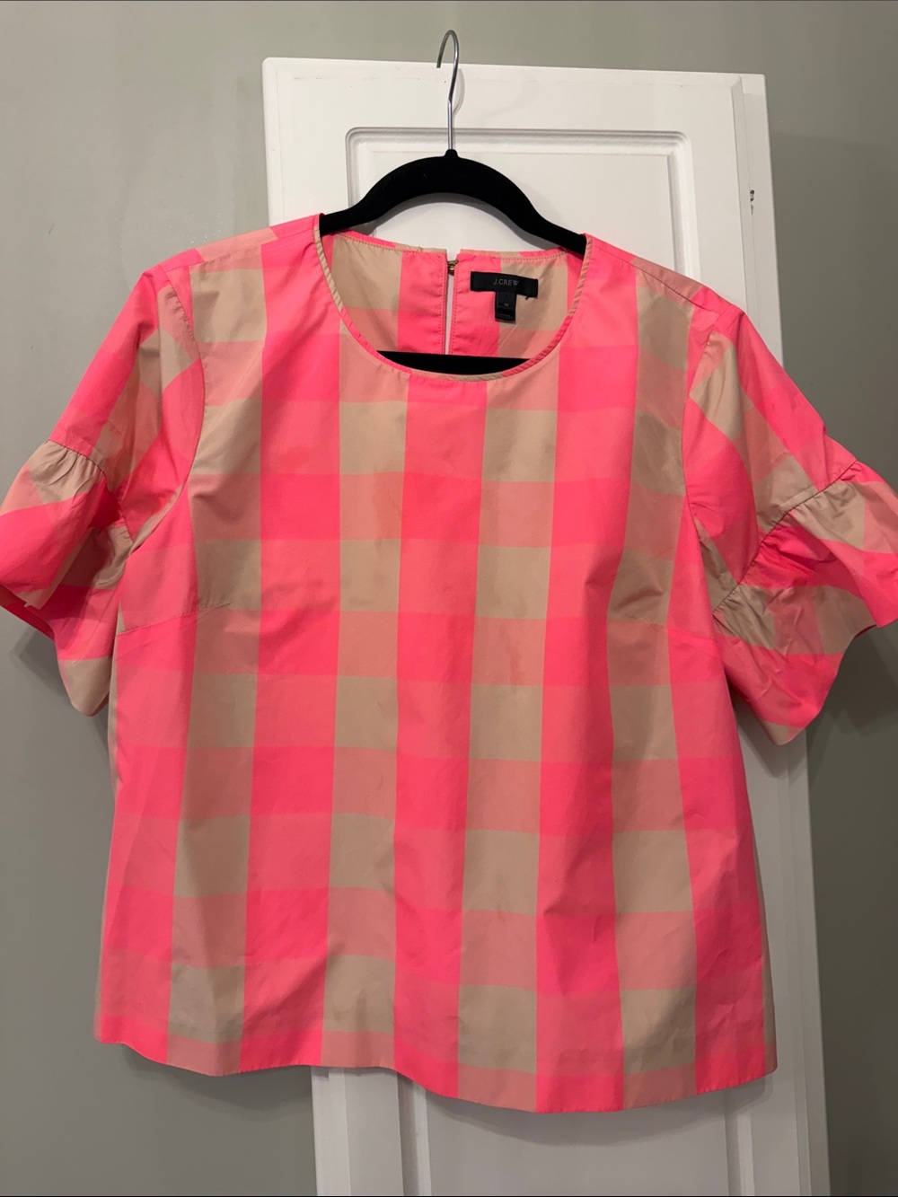 J. Crew Neon Pink and Beige Check Puff-Sleeve Top